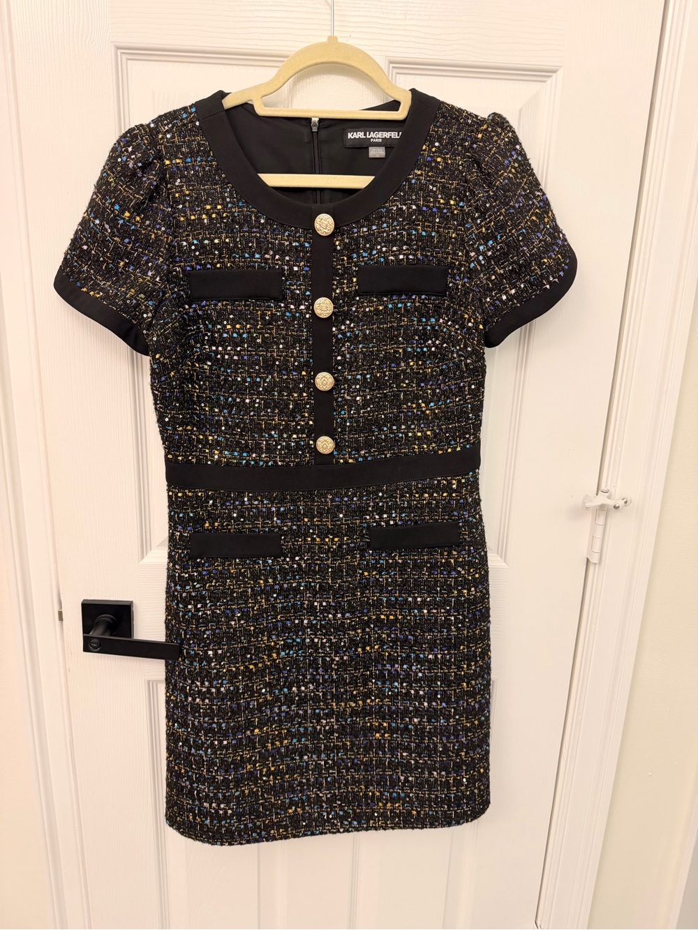 Karl Lagerfeld Black Tweed Short-Sleeve Shift with Gold Buttons